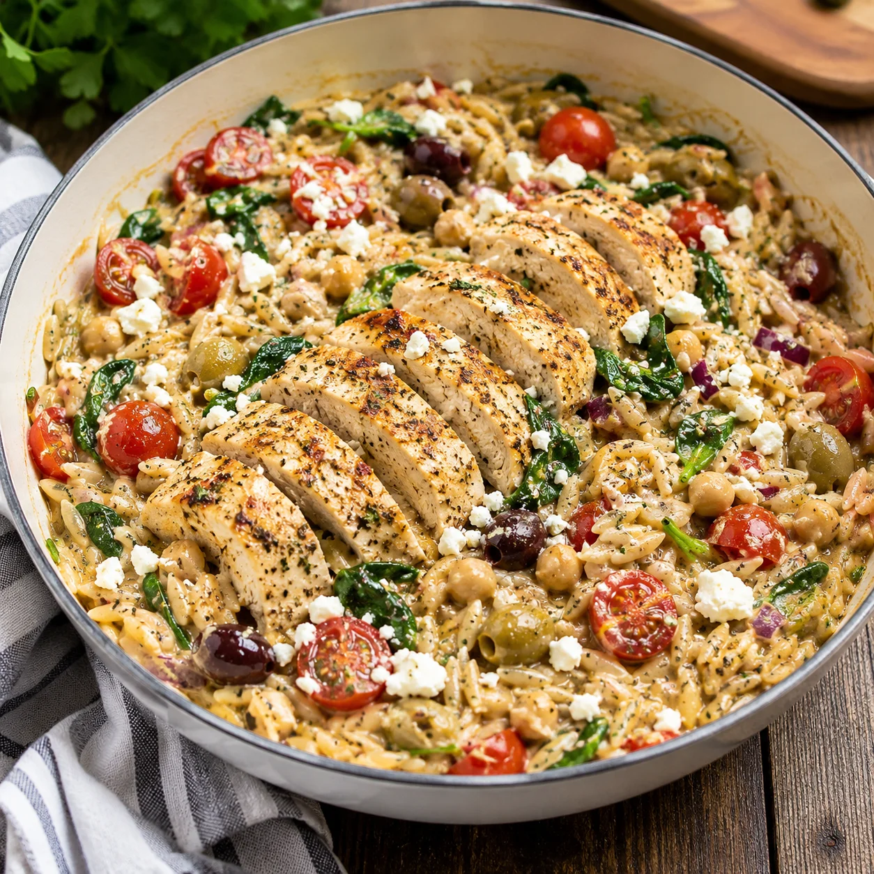 One Pot Greek Chicken Orzo