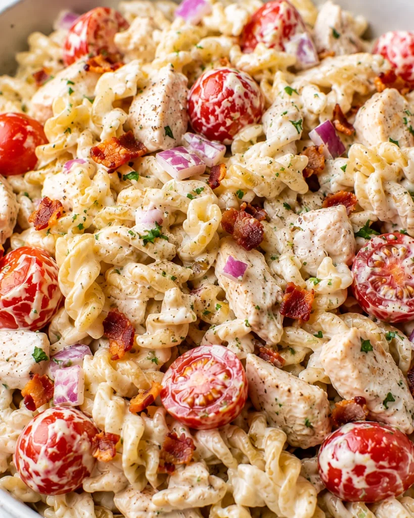Chicken Ranch Pasta Salad with creamy ranch, tomatoes, bacon, chicken, and red onion in a white bowl
