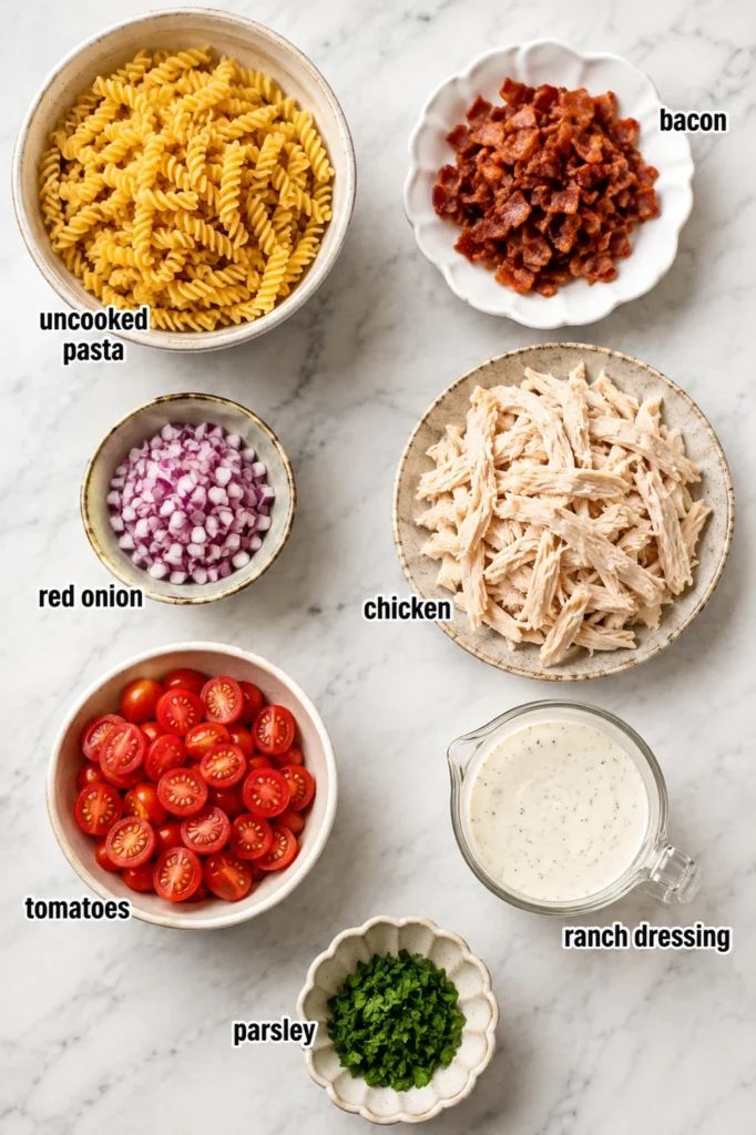 Chicken Ranch Pasta Salad with creamy ranch, tomatoes, bacon, chicken, and red onion in a white bowl