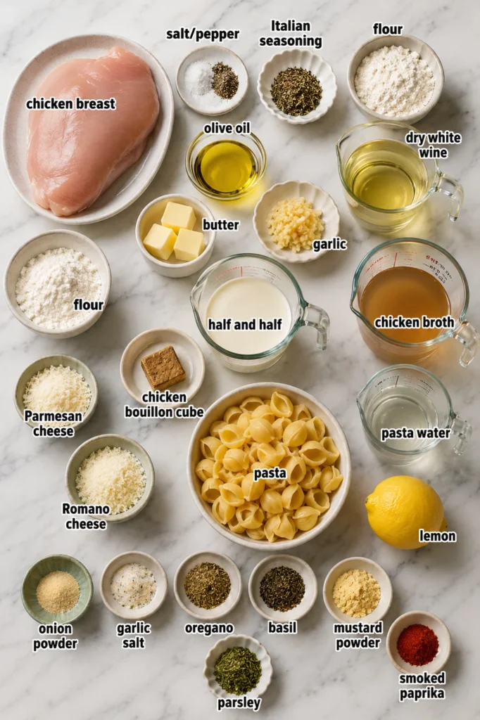 Creamy Chicken Pasta with golden chicken and shells in a bubbling sauce in a skillet