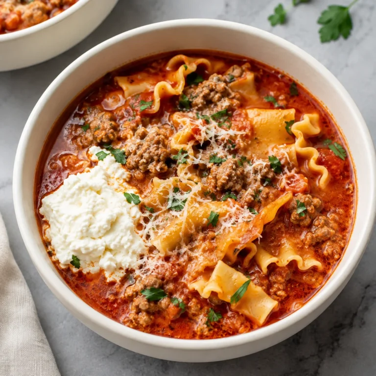 Easy Lasagna Soup Recipe with sausage, ricotta, noodles, and basil in a creamy white bowl