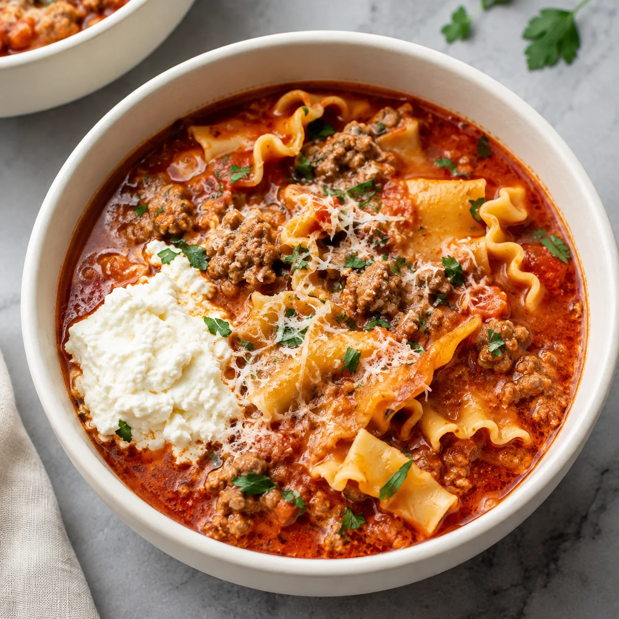 Easy Lasagna Soup Recipe with sausage, ricotta, noodles, and basil in a creamy white bowl