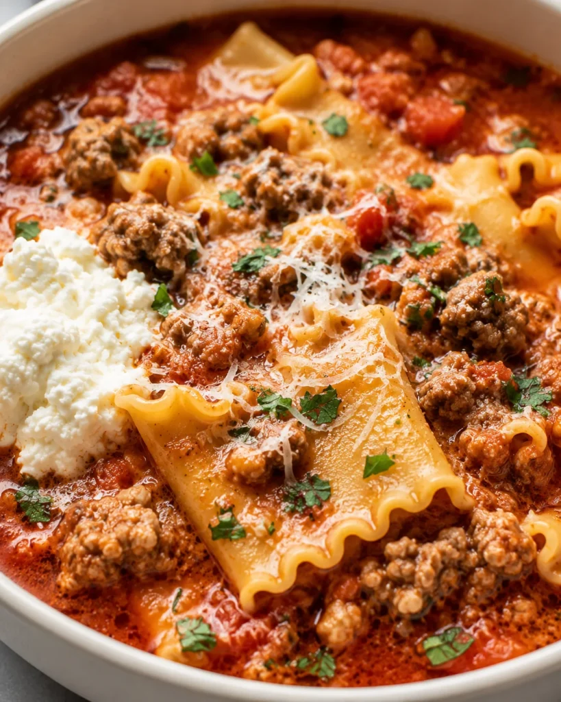 Easy Lasagna Soup Recipe with sausage, ricotta, noodles, and basil in a creamy white bowl