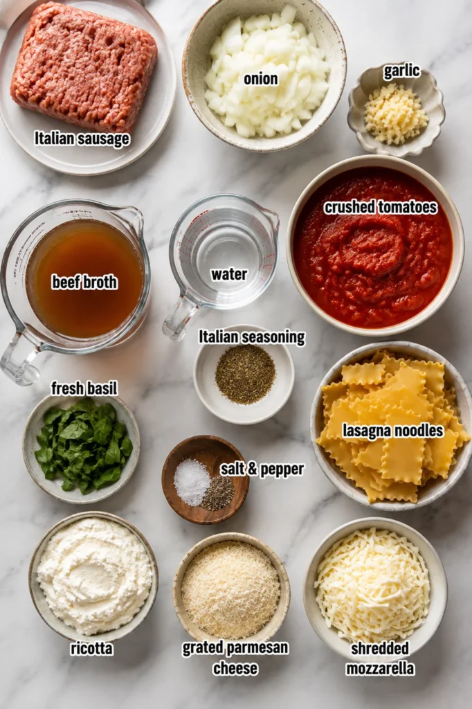 Easy Lasagna Soup Recipe with sausage, ricotta, noodles, and basil in a creamy white bowl