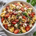 Fresh Caprese Pasta Salad with tortellini, tomatoes, mozzarella, and basil in a serving bowl