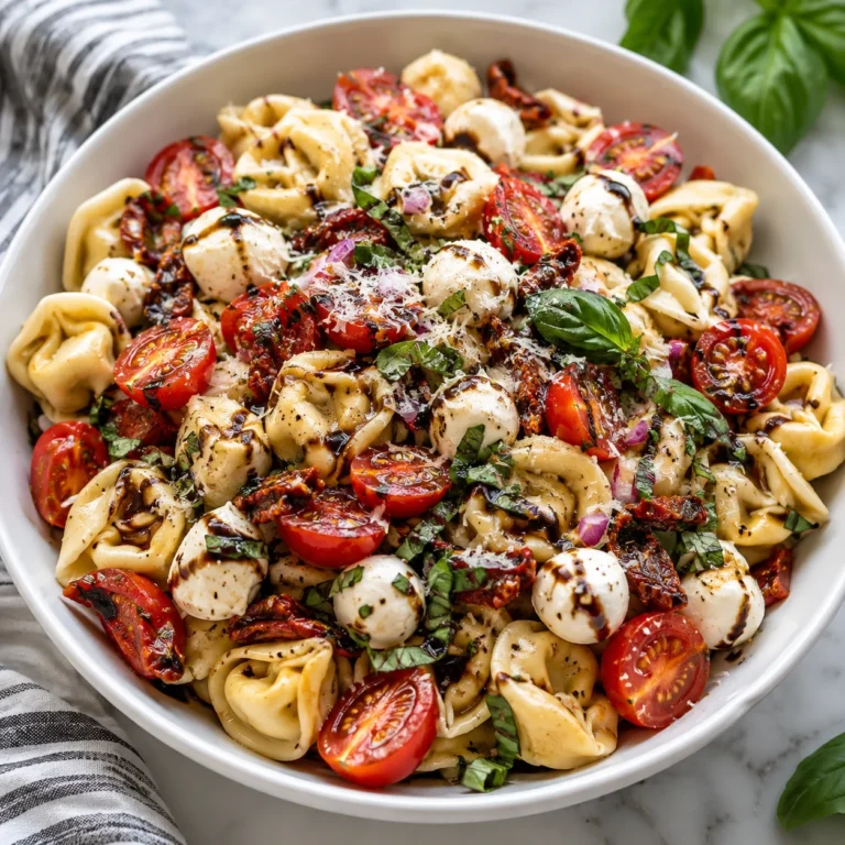 Fresh Caprese Pasta Salad with tortellini, tomatoes, mozzarella, and basil in a serving bowl