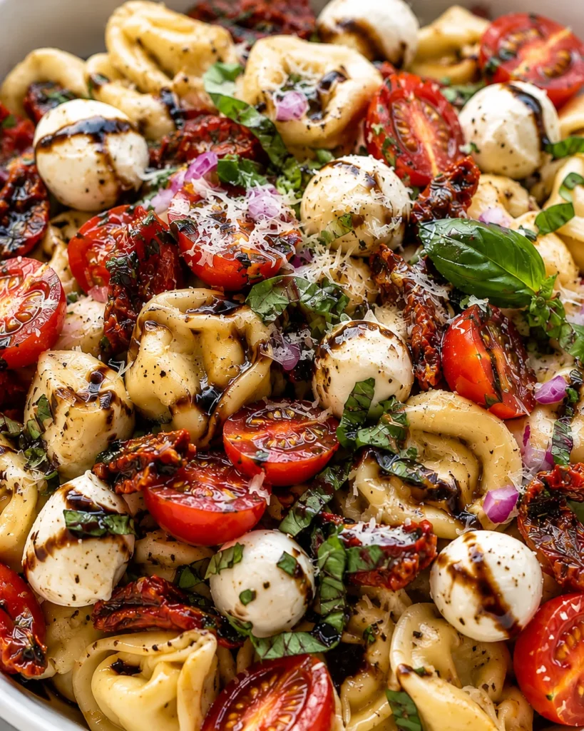 Fresh Caprese Pasta Salad with tortellini, tomatoes, mozzarella, and basil in a serving bowl