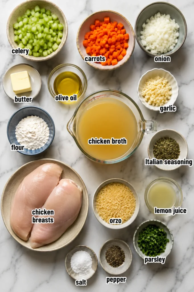 Lemon Chicken Orzo Soup with tender chicken, carrots, celery, orzo, parsley, and lemon in a white bowl