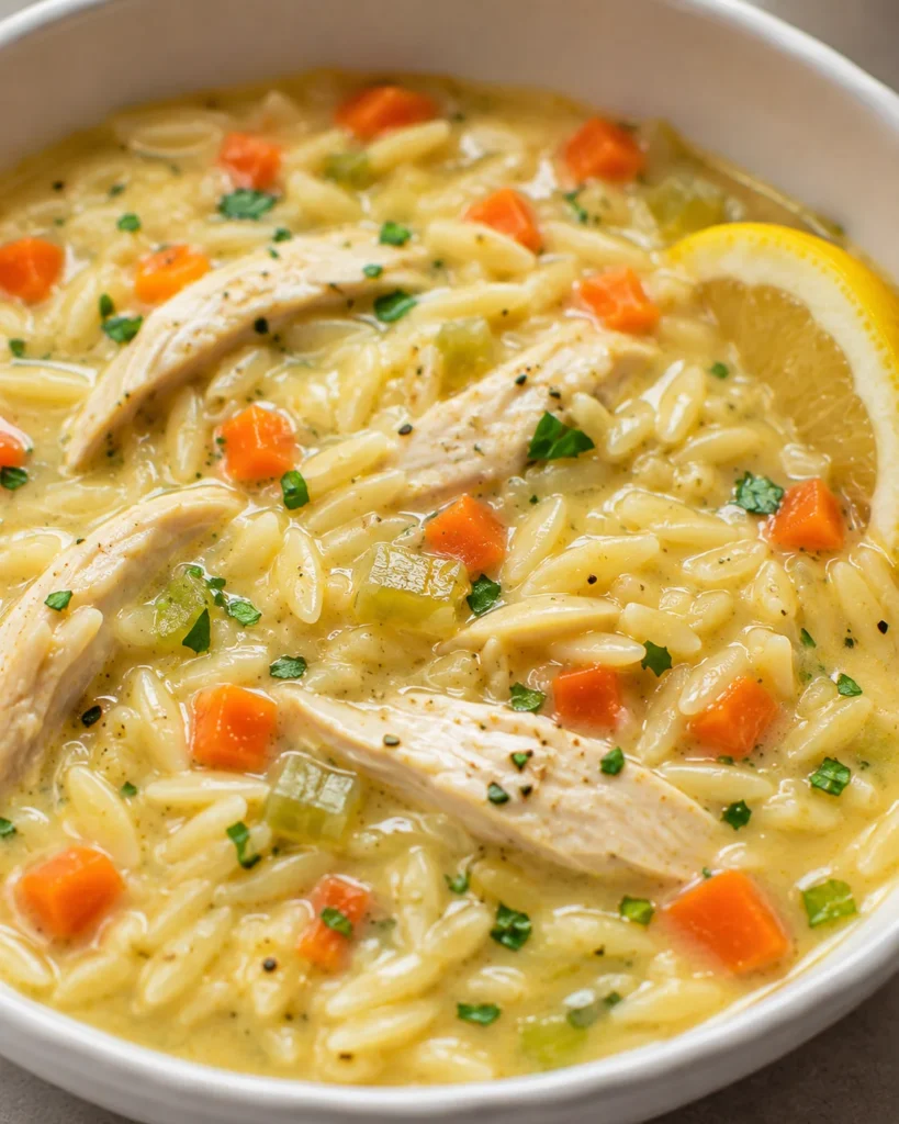 Lemon Chicken Orzo Soup with tender chicken, carrots, celery, orzo, parsley, and lemon in a white bowl