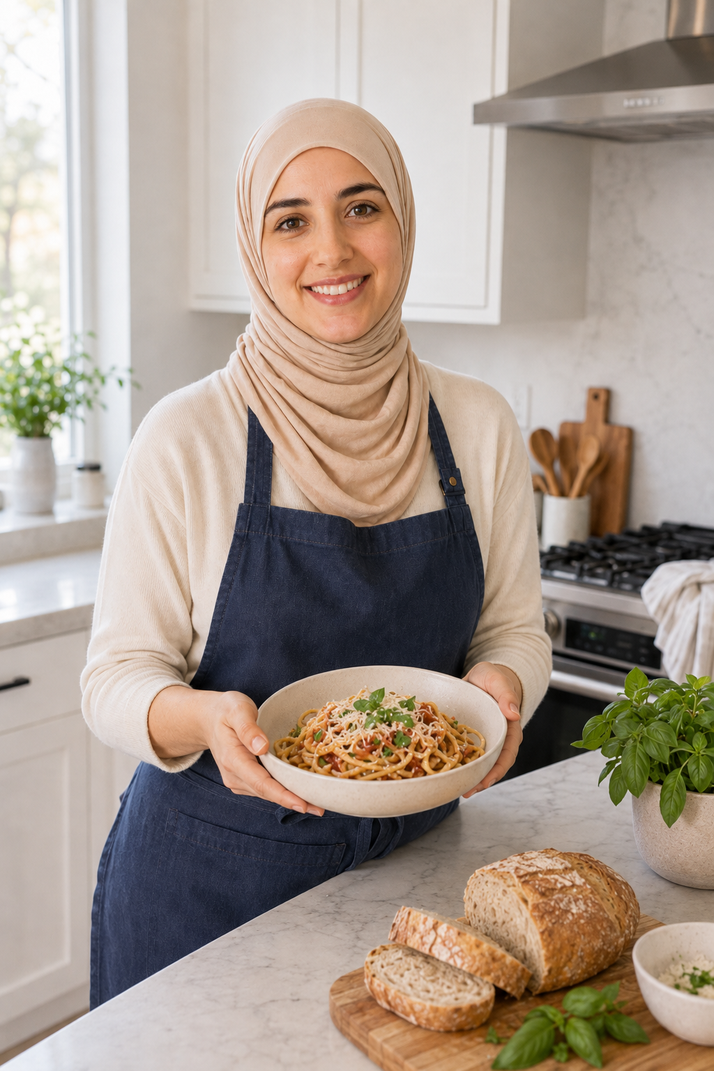 Mery holding a bowl of homemade pasta in her kitchen