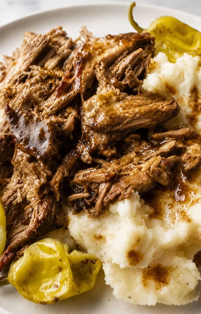 Mississippi Pot Roast with tender shredded beef, mashed potatoes, and pepperoncini on a white plate
