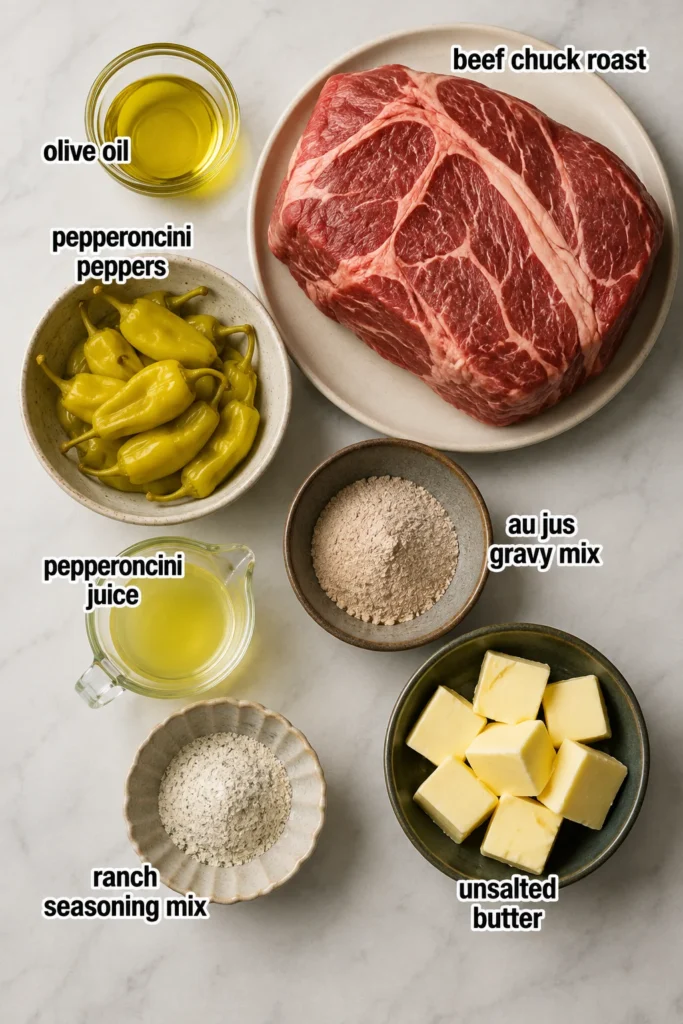 Mississippi Pot Roast with tender shredded beef, mashed potatoes, and pepperoncini on a white plate