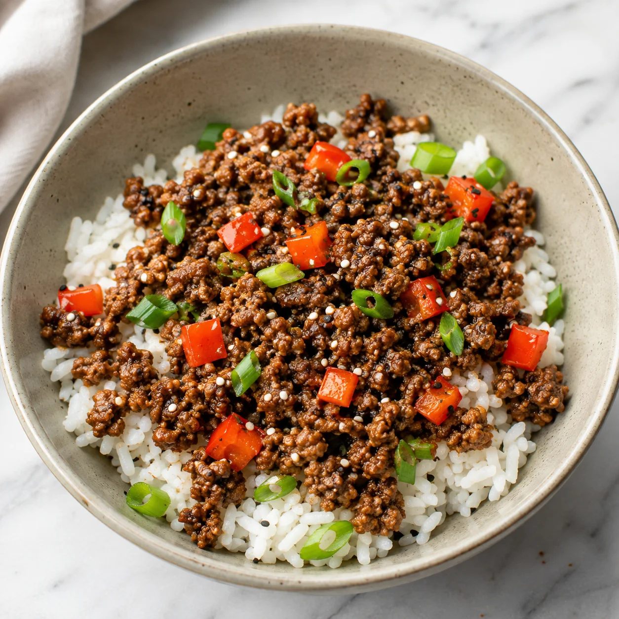 Easy Beef Rice Bowls with saucy beef, red bell pepper, and sesame seeds over fluffy rice