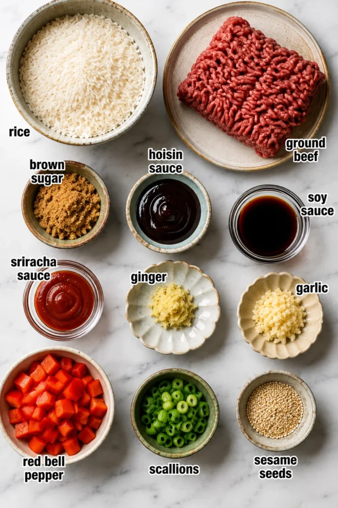 Easy Beef Rice Bowls with saucy beef, red bell pepper, and sesame seeds over fluffy rice