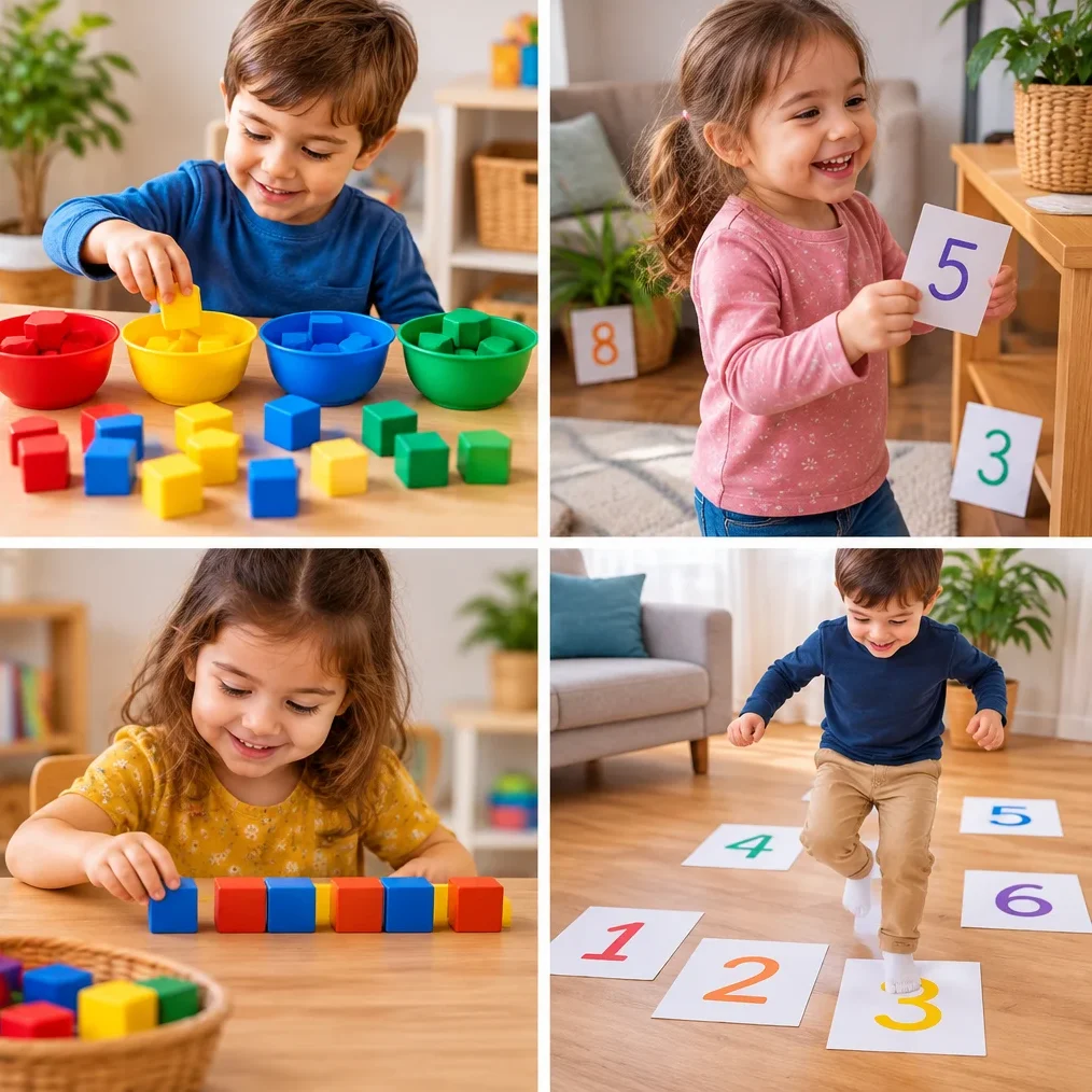 Preschool girl practicing counting by placing colorful pom-poms into paper cups numbered 1 through 6 during a fun hands-on learning game.