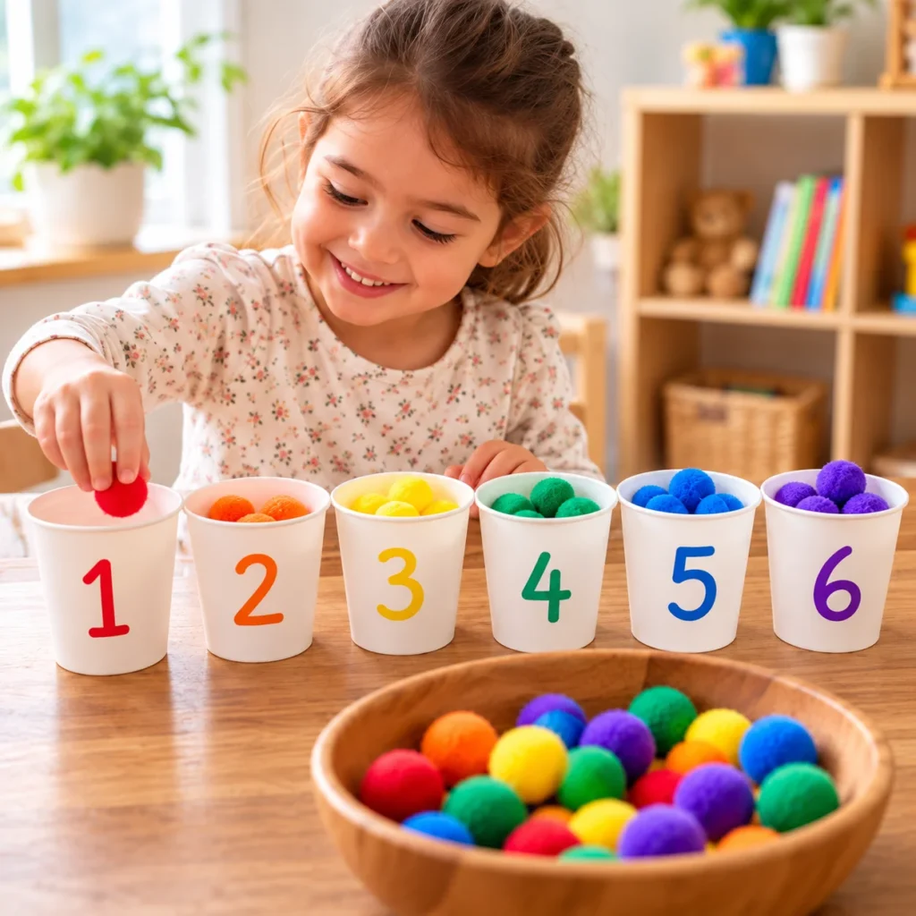 Preschool girl practicing counting by placing colorful pom-poms into paper cups numbered 1 through 6 during a fun hands-on learning game.