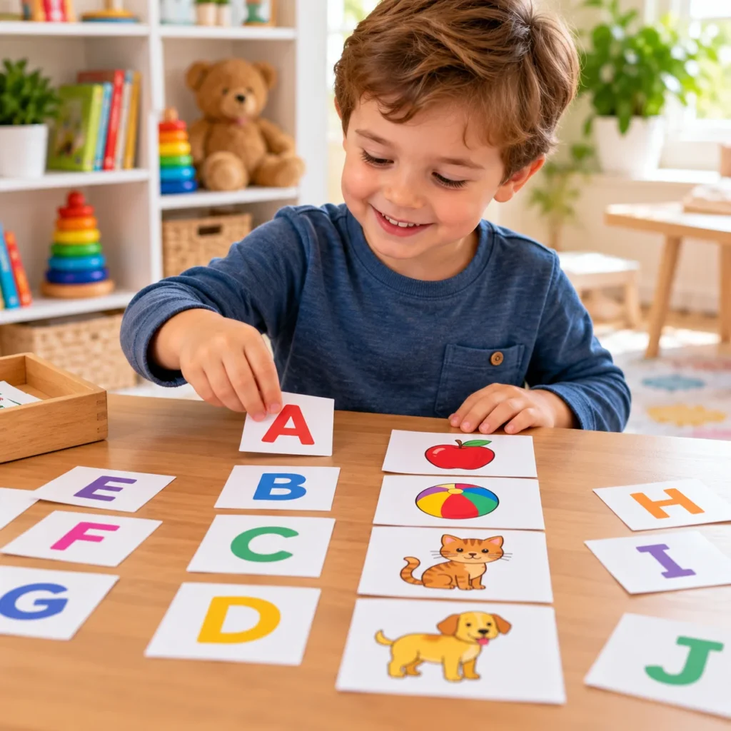 A smiling young boy matches colorful alphabet letter cards with picture cards of an apple, ball, cat, and dog at a wooden table in a bright, cozy learning space.
