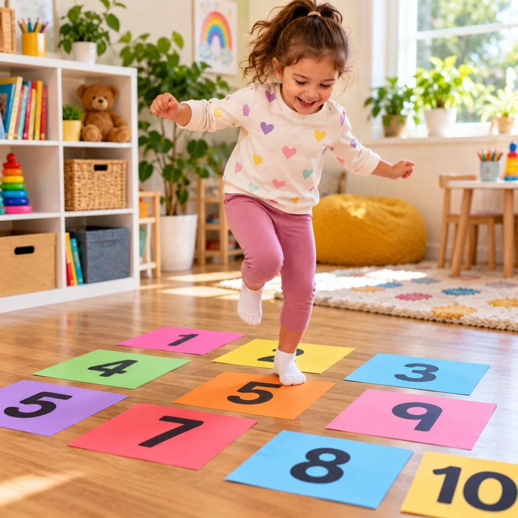 A smiling young girl jumps between colorful numbered cards on the floor, practicing number recognition through an active learning game in a bright, cheerful playroom.