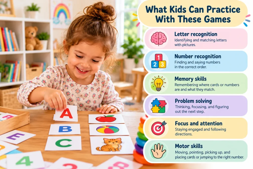 A smiling young girl plays an educational matching game with colorful letter, number, and picture cards, illustrating activities that help children practice recognition, memory, problem-solving, focus, and motor skills.