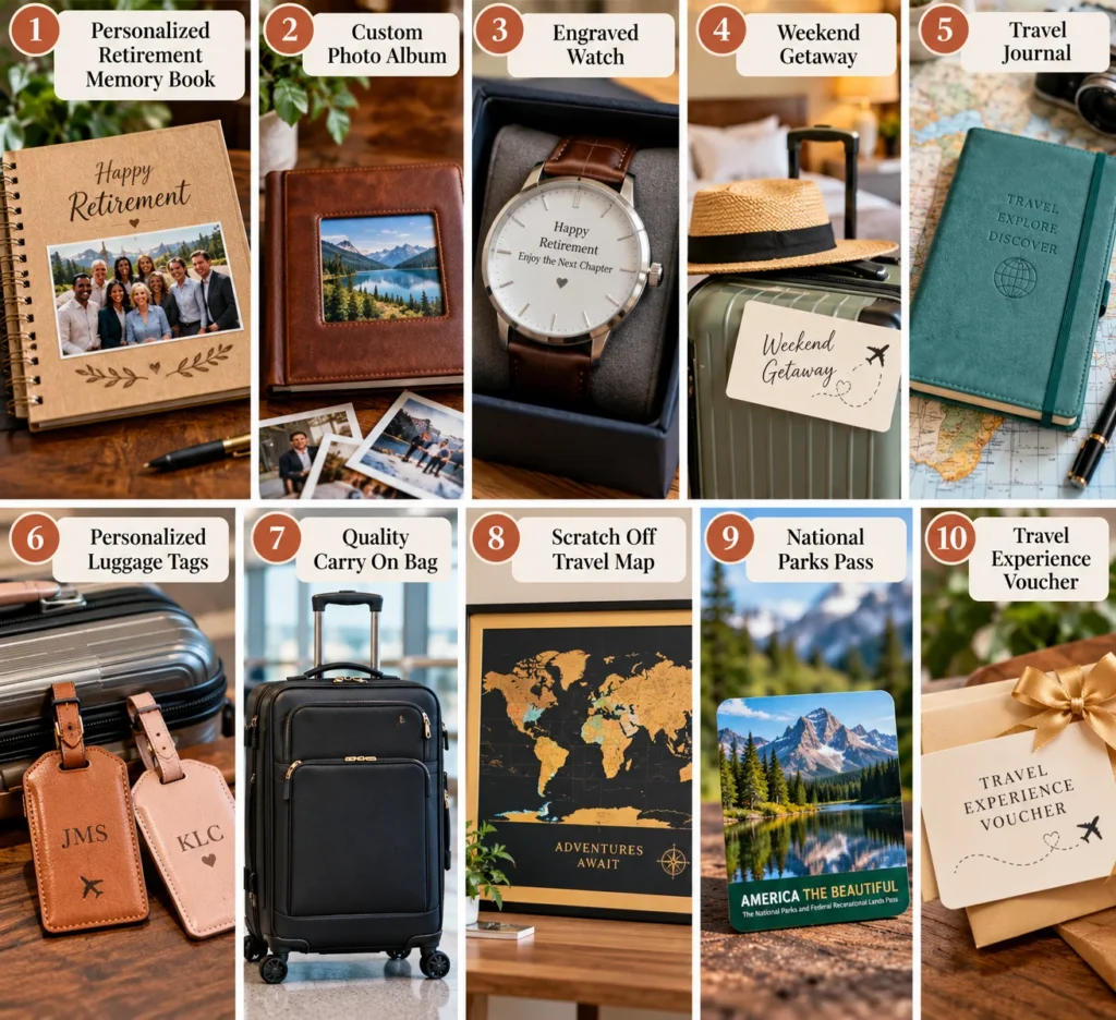 10 retirement gift ideas including a personalized memory book, photo album, engraved watch, weekend getaway, travel journal, luggage tags, carry on bag, scratch off travel map, national parks pass, and travel experience voucher.