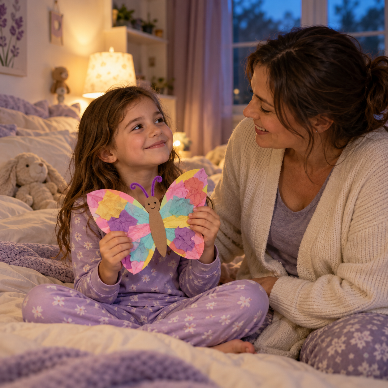 Mother and child sharing a warm bedtime moment together in a cozy bedroom