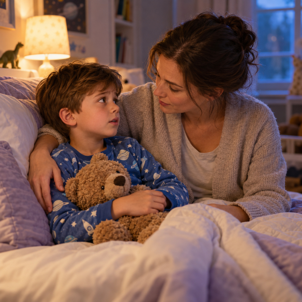 Mother and child sharing a warm bedtime moment together in a cozy bedroom