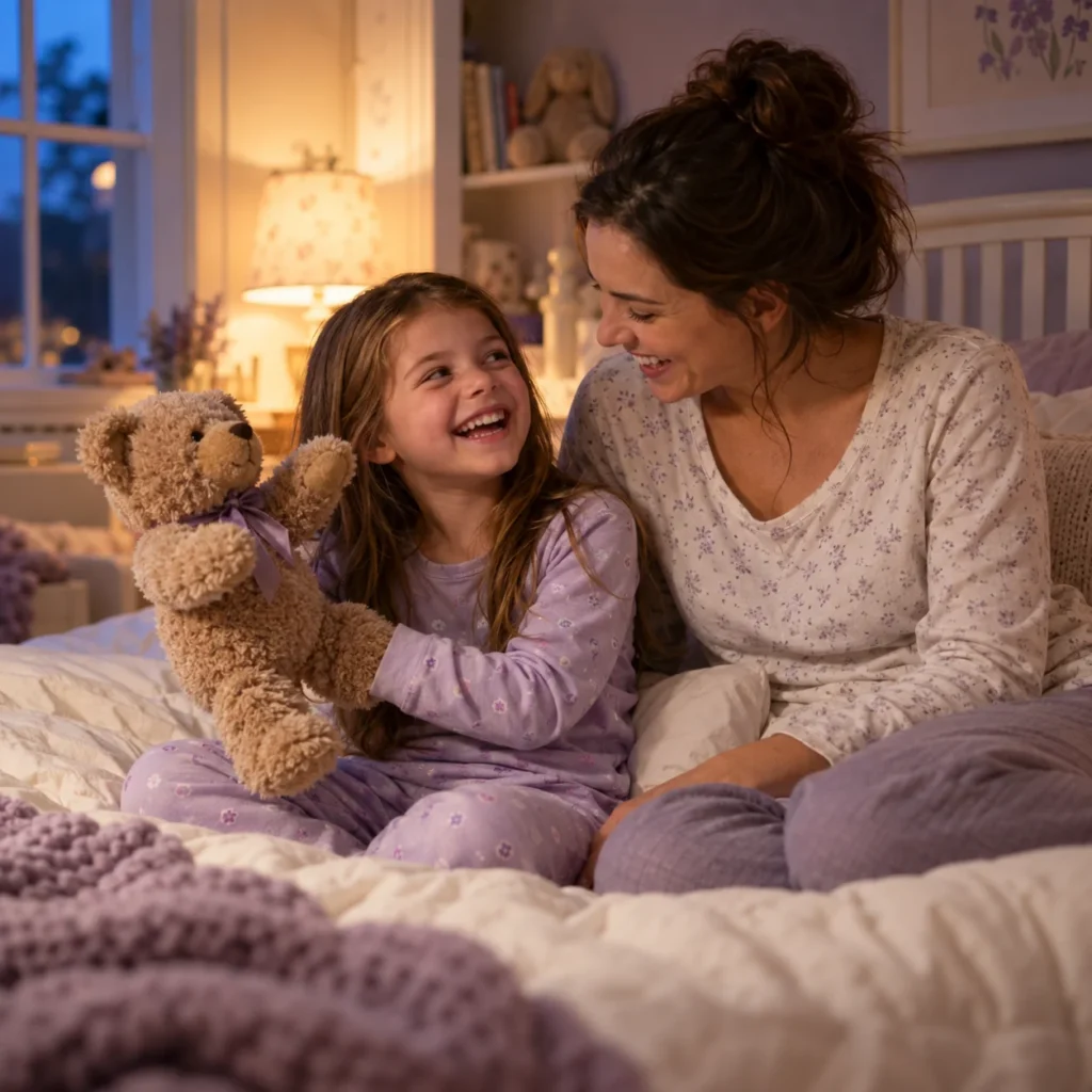 Mother and child sharing a warm bedtime moment together in a cozy bedroom