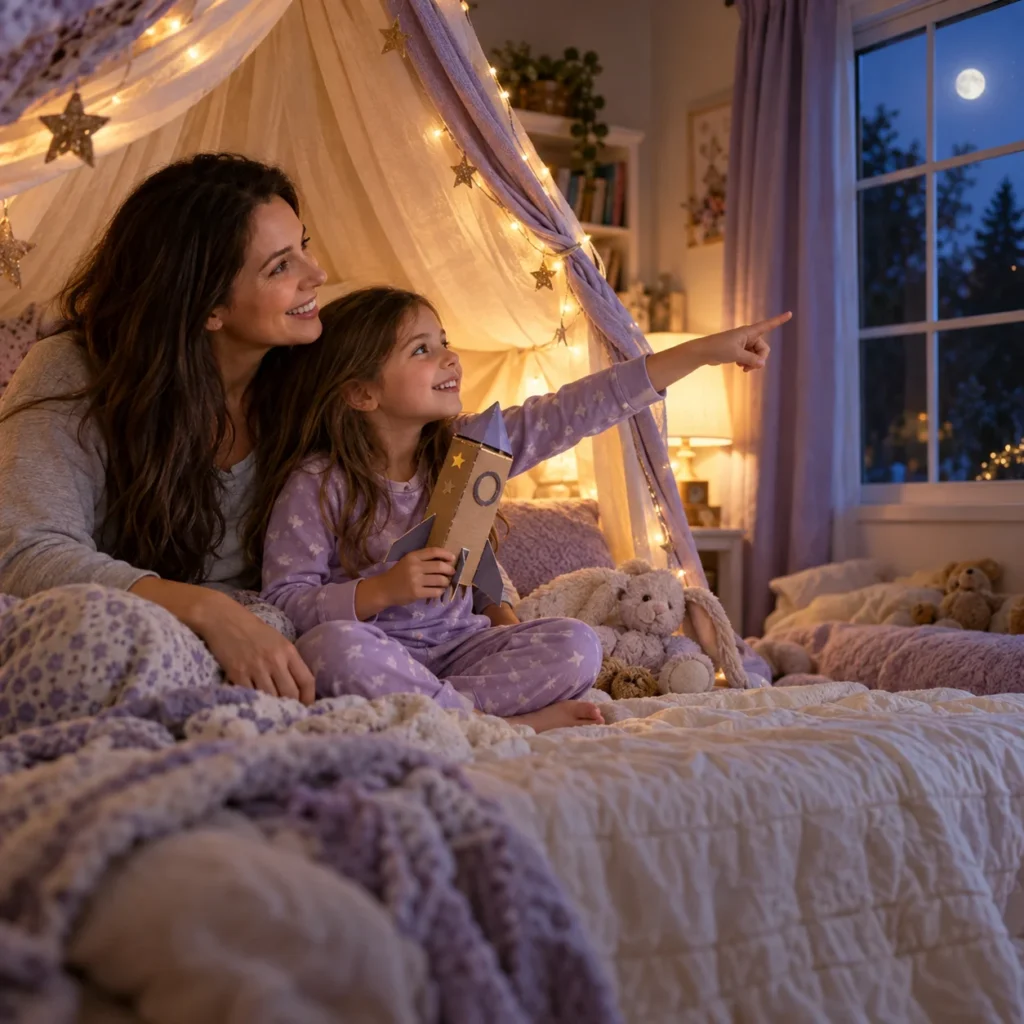 Mother and child sharing a warm bedtime moment together in a cozy bedroom