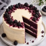 ALT text: Blackberry velvet layer cake with cream frosting and blackberry topping on a speckled ceramic plate, set on white marble, showing the full cake with a cut wedge and moist purple layers.