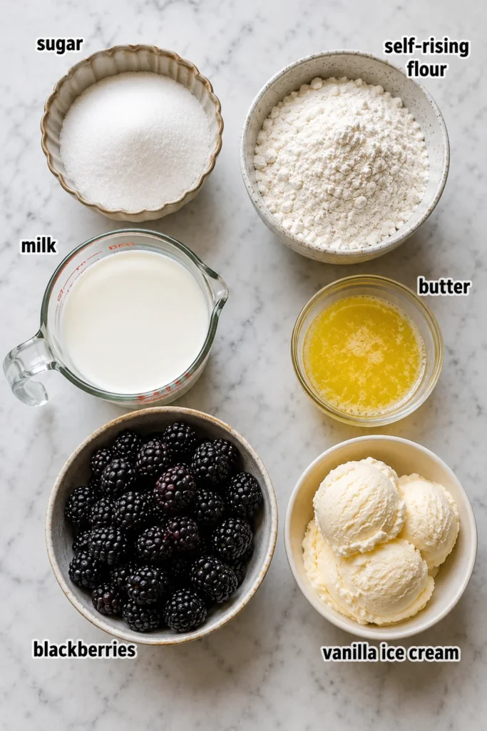 # Easy Blackberry Cobbler Need a warm berry dessert without pie dough, chilling, or any fussy baking? **Easy Blackberry Cobbler** is the kind of simple spoon dessert that gives you juicy berries and a golden sugary top with almost no prep. This cobbler is made with self rising flour, milk, melted butter, sugar, and blackberries. The batter goes in first, the berries scatter over the top, and the oven turns it into a tender cobbler with crisp sweet edges. It takes 10 mins to prep and about 1hr to bake, so it fits nicely after a casual dinner or a weekend meal. For another dessert that keeps things easy, I’d save [No Bake Cheesecake Dip](https://thesavorymama.com/no-bake-cheesecake-dip/) for a cold and creamy option. This one is especially good when you want a fruit dessert that does not need rolling, crimping, or a mixer. If you like make ahead sweets, [No Bake Peanut Butter Pie](https://thesavorymama.com/no-bake-peanut-butter-pie/) is another cozy one to keep in your back pocket. Serve it warm with vanilla ice cream, spoon it into bowls, and let that blackberry syrup run into the crust. I tested this with frozen berries straight from the freezer, and the texture stayed much better than the batch where I let them thaw first. ## Why You'll Love This Easy Blackberry Cobbler * **Simple batter:** The flour, sugar, milk, and butter stir together in one bowl. * **Juicy berries:** Blackberries bake into the cobbler and make sweet pockets of fruit. * **Golden top:** The sugar added near the end gives the crust a lightly crisp finish. * **Beginner friendly:** No pastry skills, mixer, or special baking steps are needed. * **Ice cream ready:** Warm cobbler and cold vanilla ice cream are exactly right together. ## Ingredients You'll Need This short list turns into a bubbling fruit cobbler with a tender center and sugary top. * **Sugar:** 1 1/4 cups plus 2 tablespoons, separated, sweetens the batter and finishes the top. * **Self rising flour:** 1 cup gives the cobbler lift and keeps the texture soft. * **Milk:** 1 cup loosens the batter, with whole milk giving the richest result. * **Butter:** 1/2 stick melted, equal to 4 tablespoons, adds richness to the crust. * **Blackberries:** 2 cups fresh or frozen, rinsed and patted dry if fresh. * **Vanilla ice cream:** for serving, because the warm cobbler tastes best with something cold and creamy. ## Step by Step Instructions 1. **Heat the oven:** Preheat the oven to 350°F and grease a 9 by 9 inch baking dish. Keep the dish close by because the batter comes together quickly. 2. **Mix the batter:** Stir 1 cup sugar with the self rising flour in a large bowl. Add the milk, then stir in the melted butter until the batter looks smooth and combined. 3. **Fill the dish:** Pour the batter into the prepared baking dish and spread it gently into an even layer. Scatter the blackberries over the top, letting them sit on the batter instead of stirring them in. 4. **Add sugar:** Sprinkle 1/4 cup sugar evenly over the berries and batter. Bake for 50 mins, until the edges are bubbling and the top is starting to look golden. 5. **Finish baking:** Remove the dish from the oven and sprinkle the remaining 2 tablespoons sugar over the top. Return it to the oven for 10 mins more, until the cobbler is golden brown and the fruit is bubbling. 6. **Serve warm:** Let the cobbler rest for a few minutes so the juices settle slightly. Spoon it into bowls while warm and add vanilla ice cream right before serving. ## Recipe Tips * **Use frozen berries:** Add frozen blackberries straight from the freezer so they hold their shape better. * **Grease well:** Coat the baking dish before adding the batter so the sugary edges release more easily. * **Avoid stirring:** Do not mix the berries into the batter, since they sink naturally as the cobbler bakes. * **Watch the top:** The final 10 mins should give you a golden crust, not a dry or overly dark one. ## Variations and Customization Ideas * **Berry mix:** Use blueberries, raspberries, strawberries, or a mix of berries in place of some blackberries. * **Peach option:** Swap in sliced peaches for a softer, sweeter fruit cobbler. * **Spiced top:** Add a little cinnamon to the sugar before sprinkling it over the cobbler. * **Dairy swap:** Use your favorite milk and a plant based butter if that works better for your kitchen. * **Budget move:** Use frozen blackberries when fresh berries are pricey or out of season. ## Serving Suggestions * **Classic bowl:** Serve warm with a scoop of vanilla ice cream melting into the berries. * **Whipped cream:** Add lightly sweetened whipped cream for a softer, bakery style finish. * **Brunch table:** Spoon small portions beside pancakes, eggs, and coffee for a sweet morning treat. * **Dessert spread:** Pair it with [No Bake Cheesecake Dip](https://thesavorymama.com/no-bake-cheesecake-dip/) when you want one warm dessert and one cold option. * **Extra fruit:** Add fresh blackberries on the side for a bright, juicy contrast. ## How to Store and Reheat Store leftover blackberry cobbler covered at room temperature for up to 3 days, or in the refrigerator for up to 1 week. Let it cool fully before covering so steam does not make the top soggy. This cobbler can be frozen after baking. Wrap cooled portions tightly and freeze for up to 3 months. Reheat refrigerated or thawed cobbler in a covered oven safe dish at 350°F until warmed through. A small portion can also be reheated in the microwave, though the topping will be softer. For the best texture, reheat only what you plan to serve. Do not leave cobbler with ice cream sitting out for more than 2 hours. ## Recipe FAQ's ### Can I use frozen blackberries for blackberry cobbler? Yes, frozen blackberries work well. Add them while they are still frozen so they do not turn mushy before baking. ### Why do the blackberries go on top of the batter? The berries sink into the cobbler as it bakes. Leaving them on top at first helps the batter rise around them and keeps the texture light. ### Can I make self rising flour at home? Yes. For 1 cup self rising flour, use 1 cup all purpose flour with 1 1/2 teaspoons baking powder and 1/2 teaspoon salt. **Easy Blackberry Cobbler** is simple, cozy, and exactly the kind of fruit dessert that makes a regular night feel sweeter. The batter is quick, the berries do the work in the oven, and the sugary top gives every scoop a little crunch. Keep it classic with vanilla ice cream, swap the berries to match what you have, or browse more cozy sweets in [DESSERTS](https://thesavorymama.com/category/desserts/) when you want another easy finish.