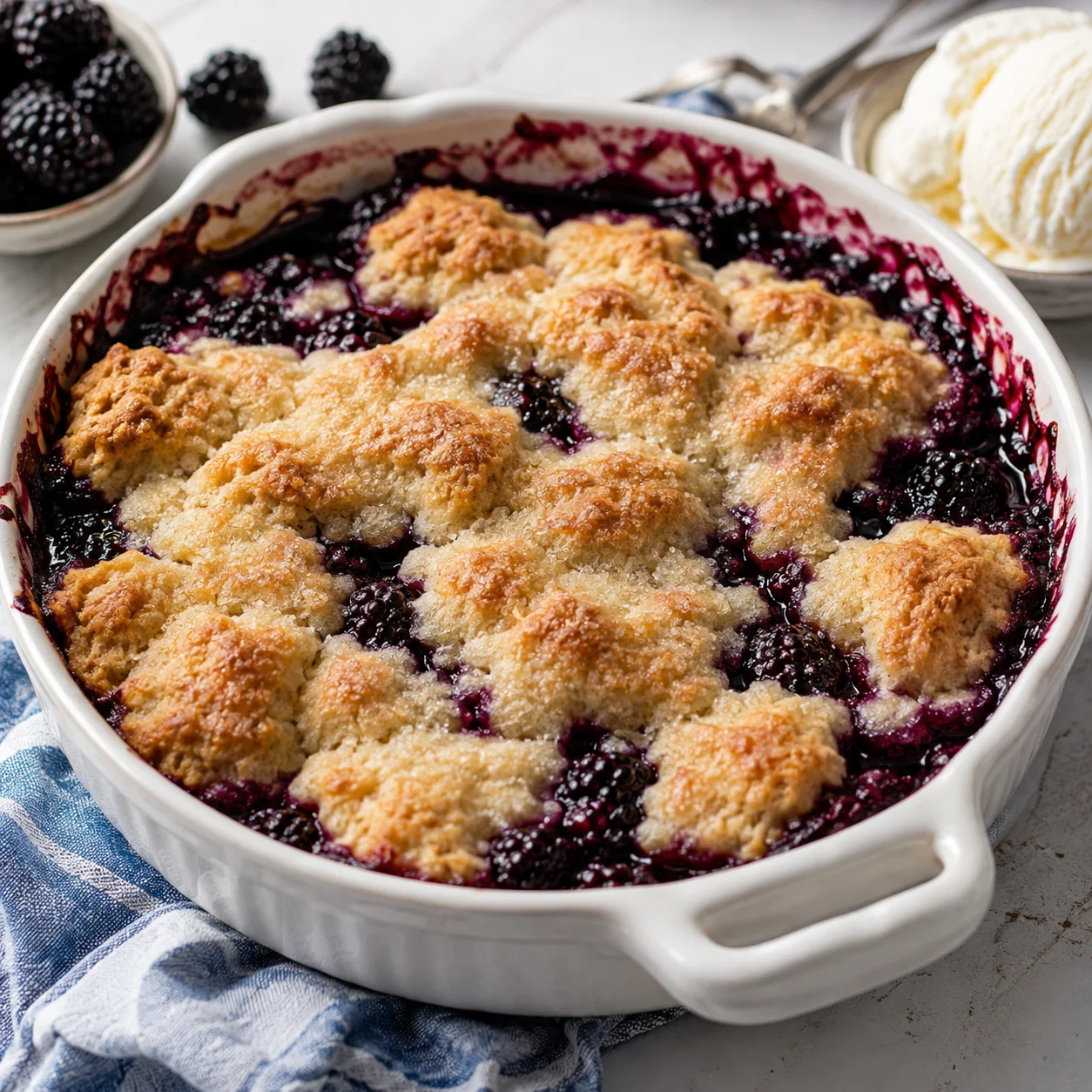 # Easy Blackberry Cobbler Need a warm berry dessert without pie dough, chilling, or any fussy baking? **Easy Blackberry Cobbler** is the kind of simple spoon dessert that gives you juicy berries and a golden sugary top with almost no prep. This cobbler is made with self rising flour, milk, melted butter, sugar, and blackberries. The batter goes in first, the berries scatter over the top, and the oven turns it into a tender cobbler with crisp sweet edges. It takes 10 mins to prep and about 1hr to bake, so it fits nicely after a casual dinner or a weekend meal. For another dessert that keeps things easy, I’d save [No Bake Cheesecake Dip](https://thesavorymama.com/no-bake-cheesecake-dip/) for a cold and creamy option. This one is especially good when you want a fruit dessert that does not need rolling, crimping, or a mixer. If you like make ahead sweets, [No Bake Peanut Butter Pie](https://thesavorymama.com/no-bake-peanut-butter-pie/) is another cozy one to keep in your back pocket. Serve it warm with vanilla ice cream, spoon it into bowls, and let that blackberry syrup run into the crust. I tested this with frozen berries straight from the freezer, and the texture stayed much better than the batch where I let them thaw first. ## Why You'll Love This Easy Blackberry Cobbler * **Simple batter:** The flour, sugar, milk, and butter stir together in one bowl. * **Juicy berries:** Blackberries bake into the cobbler and make sweet pockets of fruit. * **Golden top:** The sugar added near the end gives the crust a lightly crisp finish. * **Beginner friendly:** No pastry skills, mixer, or special baking steps are needed. * **Ice cream ready:** Warm cobbler and cold vanilla ice cream are exactly right together. ## Ingredients You'll Need This short list turns into a bubbling fruit cobbler with a tender center and sugary top. * **Sugar:** 1 1/4 cups plus 2 tablespoons, separated, sweetens the batter and finishes the top. * **Self rising flour:** 1 cup gives the cobbler lift and keeps the texture soft. * **Milk:** 1 cup loosens the batter, with whole milk giving the richest result. * **Butter:** 1/2 stick melted, equal to 4 tablespoons, adds richness to the crust. * **Blackberries:** 2 cups fresh or frozen, rinsed and patted dry if fresh. * **Vanilla ice cream:** for serving, because the warm cobbler tastes best with something cold and creamy. ## Step by Step Instructions 1. **Heat the oven:** Preheat the oven to 350°F and grease a 9 by 9 inch baking dish. Keep the dish close by because the batter comes together quickly. 2. **Mix the batter:** Stir 1 cup sugar with the self rising flour in a large bowl. Add the milk, then stir in the melted butter until the batter looks smooth and combined. 3. **Fill the dish:** Pour the batter into the prepared baking dish and spread it gently into an even layer. Scatter the blackberries over the top, letting them sit on the batter instead of stirring them in. 4. **Add sugar:** Sprinkle 1/4 cup sugar evenly over the berries and batter. Bake for 50 mins, until the edges are bubbling and the top is starting to look golden. 5. **Finish baking:** Remove the dish from the oven and sprinkle the remaining 2 tablespoons sugar over the top. Return it to the oven for 10 mins more, until the cobbler is golden brown and the fruit is bubbling. 6. **Serve warm:** Let the cobbler rest for a few minutes so the juices settle slightly. Spoon it into bowls while warm and add vanilla ice cream right before serving. ## Recipe Tips * **Use frozen berries:** Add frozen blackberries straight from the freezer so they hold their shape better. * **Grease well:** Coat the baking dish before adding the batter so the sugary edges release more easily. * **Avoid stirring:** Do not mix the berries into the batter, since they sink naturally as the cobbler bakes. * **Watch the top:** The final 10 mins should give you a golden crust, not a dry or overly dark one. ## Variations and Customization Ideas * **Berry mix:** Use blueberries, raspberries, strawberries, or a mix of berries in place of some blackberries. * **Peach option:** Swap in sliced peaches for a softer, sweeter fruit cobbler. * **Spiced top:** Add a little cinnamon to the sugar before sprinkling it over the cobbler. * **Dairy swap:** Use your favorite milk and a plant based butter if that works better for your kitchen. * **Budget move:** Use frozen blackberries when fresh berries are pricey or out of season. ## Serving Suggestions * **Classic bowl:** Serve warm with a scoop of vanilla ice cream melting into the berries. * **Whipped cream:** Add lightly sweetened whipped cream for a softer, bakery style finish. * **Brunch table:** Spoon small portions beside pancakes, eggs, and coffee for a sweet morning treat. * **Dessert spread:** Pair it with [No Bake Cheesecake Dip](https://thesavorymama.com/no-bake-cheesecake-dip/) when you want one warm dessert and one cold option. * **Extra fruit:** Add fresh blackberries on the side for a bright, juicy contrast. ## How to Store and Reheat Store leftover blackberry cobbler covered at room temperature for up to 3 days, or in the refrigerator for up to 1 week. Let it cool fully before covering so steam does not make the top soggy. This cobbler can be frozen after baking. Wrap cooled portions tightly and freeze for up to 3 months. Reheat refrigerated or thawed cobbler in a covered oven safe dish at 350°F until warmed through. A small portion can also be reheated in the microwave, though the topping will be softer. For the best texture, reheat only what you plan to serve. Do not leave cobbler with ice cream sitting out for more than 2 hours. ## Recipe FAQ's ### Can I use frozen blackberries for blackberry cobbler? Yes, frozen blackberries work well. Add them while they are still frozen so they do not turn mushy before baking. ### Why do the blackberries go on top of the batter? The berries sink into the cobbler as it bakes. Leaving them on top at first helps the batter rise around them and keeps the texture light. ### Can I make self rising flour at home? Yes. For 1 cup self rising flour, use 1 cup all purpose flour with 1 1/2 teaspoons baking powder and 1/2 teaspoon salt. **Easy Blackberry Cobbler** is simple, cozy, and exactly the kind of fruit dessert that makes a regular night feel sweeter. The batter is quick, the berries do the work in the oven, and the sugary top gives every scoop a little crunch. Keep it classic with vanilla ice cream, swap the berries to match what you have, or browse more cozy sweets in [DESSERTS](https://thesavorymama.com/category/desserts/) when you want another easy finish.
