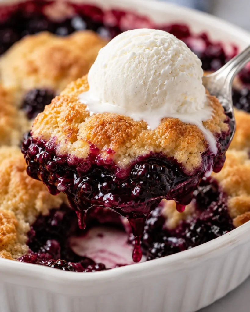 # Easy Blackberry Cobbler Need a warm berry dessert without pie dough, chilling, or any fussy baking? **Easy Blackberry Cobbler** is the kind of simple spoon dessert that gives you juicy berries and a golden sugary top with almost no prep. This cobbler is made with self rising flour, milk, melted butter, sugar, and blackberries. The batter goes in first, the berries scatter over the top, and the oven turns it into a tender cobbler with crisp sweet edges. It takes 10 mins to prep and about 1hr to bake, so it fits nicely after a casual dinner or a weekend meal. For another dessert that keeps things easy, I’d save [No Bake Cheesecake Dip](https://thesavorymama.com/no-bake-cheesecake-dip/) for a cold and creamy option. This one is especially good when you want a fruit dessert that does not need rolling, crimping, or a mixer. If you like make ahead sweets, [No Bake Peanut Butter Pie](https://thesavorymama.com/no-bake-peanut-butter-pie/) is another cozy one to keep in your back pocket. Serve it warm with vanilla ice cream, spoon it into bowls, and let that blackberry syrup run into the crust. I tested this with frozen berries straight from the freezer, and the texture stayed much better than the batch where I let them thaw first. ## Why You'll Love This Easy Blackberry Cobbler * **Simple batter:** The flour, sugar, milk, and butter stir together in one bowl. * **Juicy berries:** Blackberries bake into the cobbler and make sweet pockets of fruit. * **Golden top:** The sugar added near the end gives the crust a lightly crisp finish. * **Beginner friendly:** No pastry skills, mixer, or special baking steps are needed. * **Ice cream ready:** Warm cobbler and cold vanilla ice cream are exactly right together. ## Ingredients You'll Need This short list turns into a bubbling fruit cobbler with a tender center and sugary top. * **Sugar:** 1 1/4 cups plus 2 tablespoons, separated, sweetens the batter and finishes the top. * **Self rising flour:** 1 cup gives the cobbler lift and keeps the texture soft. * **Milk:** 1 cup loosens the batter, with whole milk giving the richest result. * **Butter:** 1/2 stick melted, equal to 4 tablespoons, adds richness to the crust. * **Blackberries:** 2 cups fresh or frozen, rinsed and patted dry if fresh. * **Vanilla ice cream:** for serving, because the warm cobbler tastes best with something cold and creamy. ## Step by Step Instructions 1. **Heat the oven:** Preheat the oven to 350°F and grease a 9 by 9 inch baking dish. Keep the dish close by because the batter comes together quickly. 2. **Mix the batter:** Stir 1 cup sugar with the self rising flour in a large bowl. Add the milk, then stir in the melted butter until the batter looks smooth and combined. 3. **Fill the dish:** Pour the batter into the prepared baking dish and spread it gently into an even layer. Scatter the blackberries over the top, letting them sit on the batter instead of stirring them in. 4. **Add sugar:** Sprinkle 1/4 cup sugar evenly over the berries and batter. Bake for 50 mins, until the edges are bubbling and the top is starting to look golden. 5. **Finish baking:** Remove the dish from the oven and sprinkle the remaining 2 tablespoons sugar over the top. Return it to the oven for 10 mins more, until the cobbler is golden brown and the fruit is bubbling. 6. **Serve warm:** Let the cobbler rest for a few minutes so the juices settle slightly. Spoon it into bowls while warm and add vanilla ice cream right before serving. ## Recipe Tips * **Use frozen berries:** Add frozen blackberries straight from the freezer so they hold their shape better. * **Grease well:** Coat the baking dish before adding the batter so the sugary edges release more easily. * **Avoid stirring:** Do not mix the berries into the batter, since they sink naturally as the cobbler bakes. * **Watch the top:** The final 10 mins should give you a golden crust, not a dry or overly dark one. ## Variations and Customization Ideas * **Berry mix:** Use blueberries, raspberries, strawberries, or a mix of berries in place of some blackberries. * **Peach option:** Swap in sliced peaches for a softer, sweeter fruit cobbler. * **Spiced top:** Add a little cinnamon to the sugar before sprinkling it over the cobbler. * **Dairy swap:** Use your favorite milk and a plant based butter if that works better for your kitchen. * **Budget move:** Use frozen blackberries when fresh berries are pricey or out of season. ## Serving Suggestions * **Classic bowl:** Serve warm with a scoop of vanilla ice cream melting into the berries. * **Whipped cream:** Add lightly sweetened whipped cream for a softer, bakery style finish. * **Brunch table:** Spoon small portions beside pancakes, eggs, and coffee for a sweet morning treat. * **Dessert spread:** Pair it with [No Bake Cheesecake Dip](https://thesavorymama.com/no-bake-cheesecake-dip/) when you want one warm dessert and one cold option. * **Extra fruit:** Add fresh blackberries on the side for a bright, juicy contrast. ## How to Store and Reheat Store leftover blackberry cobbler covered at room temperature for up to 3 days, or in the refrigerator for up to 1 week. Let it cool fully before covering so steam does not make the top soggy. This cobbler can be frozen after baking. Wrap cooled portions tightly and freeze for up to 3 months. Reheat refrigerated or thawed cobbler in a covered oven safe dish at 350°F until warmed through. A small portion can also be reheated in the microwave, though the topping will be softer. For the best texture, reheat only what you plan to serve. Do not leave cobbler with ice cream sitting out for more than 2 hours. ## Recipe FAQ's ### Can I use frozen blackberries for blackberry cobbler? Yes, frozen blackberries work well. Add them while they are still frozen so they do not turn mushy before baking. ### Why do the blackberries go on top of the batter? The berries sink into the cobbler as it bakes. Leaving them on top at first helps the batter rise around them and keeps the texture light. ### Can I make self rising flour at home? Yes. For 1 cup self rising flour, use 1 cup all purpose flour with 1 1/2 teaspoons baking powder and 1/2 teaspoon salt. **Easy Blackberry Cobbler** is simple, cozy, and exactly the kind of fruit dessert that makes a regular night feel sweeter. The batter is quick, the berries do the work in the oven, and the sugary top gives every scoop a little crunch. Keep it classic with vanilla ice cream, swap the berries to match what you have, or browse more cozy sweets in [DESSERTS](https://thesavorymama.com/category/desserts/) when you want another easy finish.