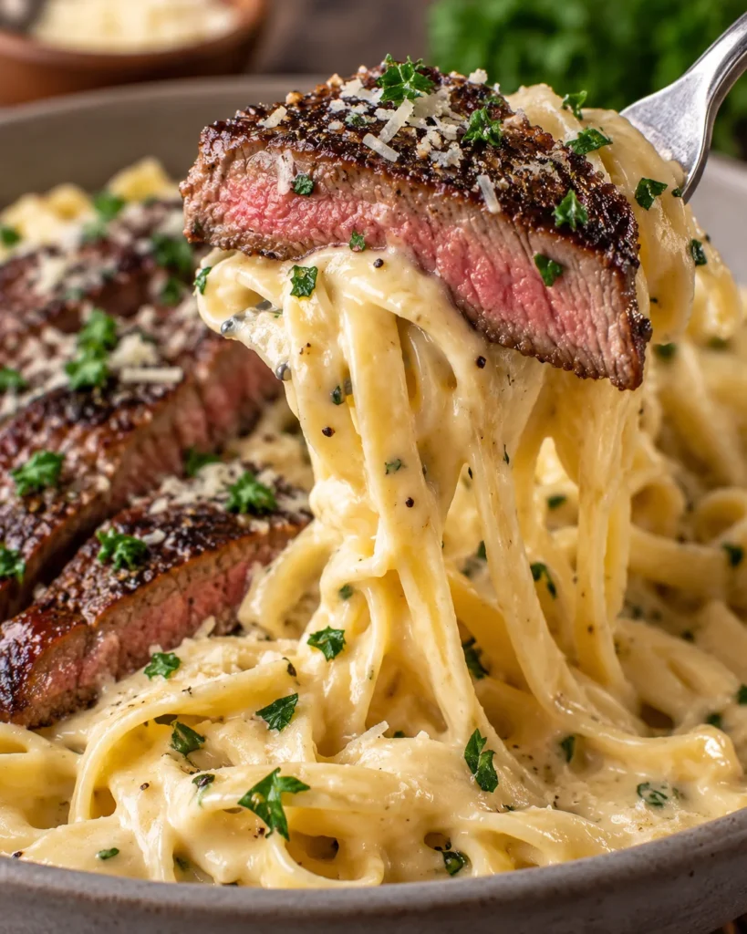 Close-up of creamy steak fettuccine Alfredo in a neutral ceramic bowl, with a fork lifting saucy fettuccine and a medium-rare steak slice, garnished with parsley and Parmesan.