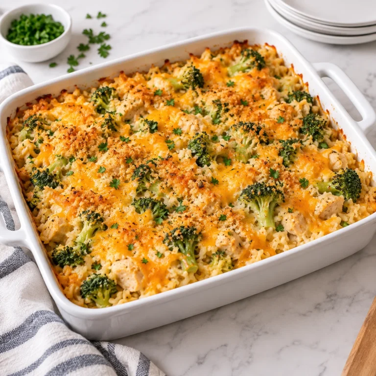 Chicken broccoli rice casserole baked in a white ceramic casserole dish on a bright white marble surface, with creamy rice, chicken pieces, broccoli florets, melted cheddar, and a lightly golden breadcrumb topping.