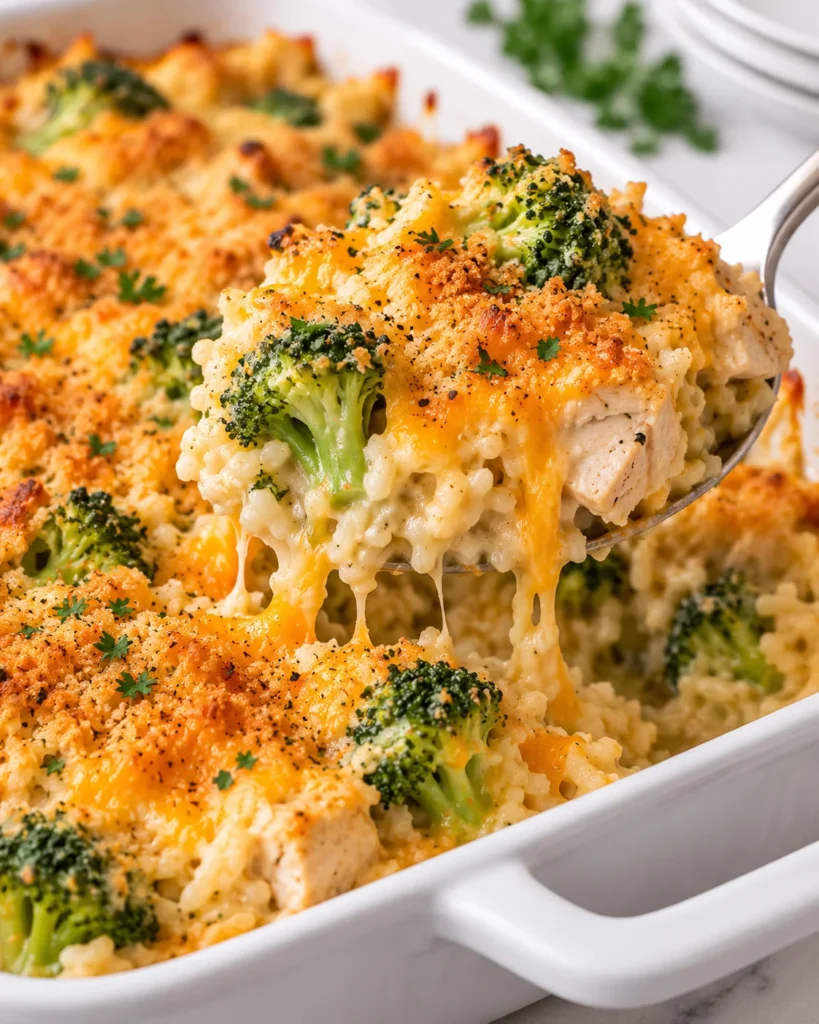 Close-up of chicken broccoli rice casserole in a white ceramic baking dish on a bright white marble surface, with a spoon lifting creamy rice, chicken, broccoli, melted cheddar, and golden breadcrumb topping.