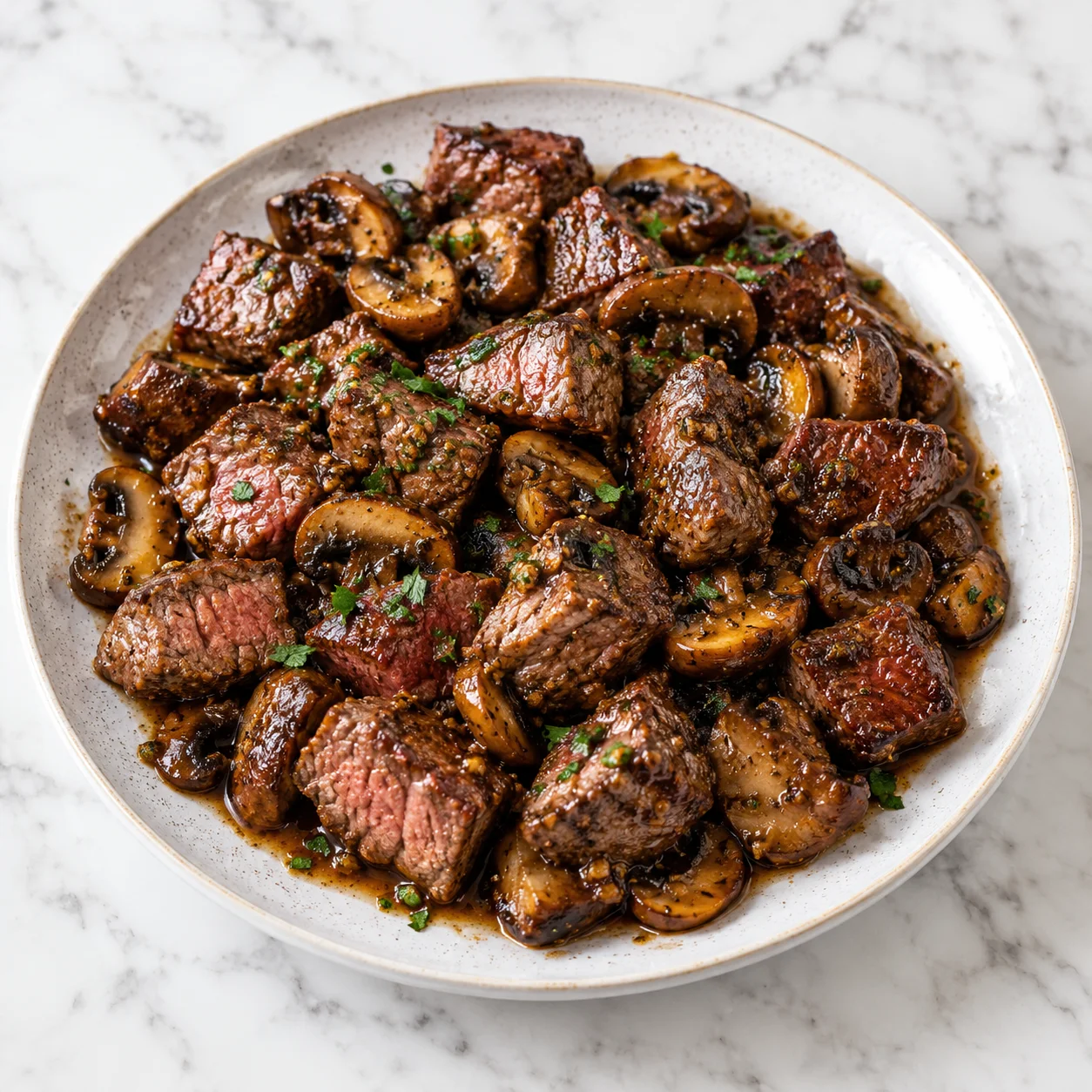 Steak bites with sautéed mushrooms in a glossy garlic-herb sauce, served on a complete white ceramic plate over bright white marble.
