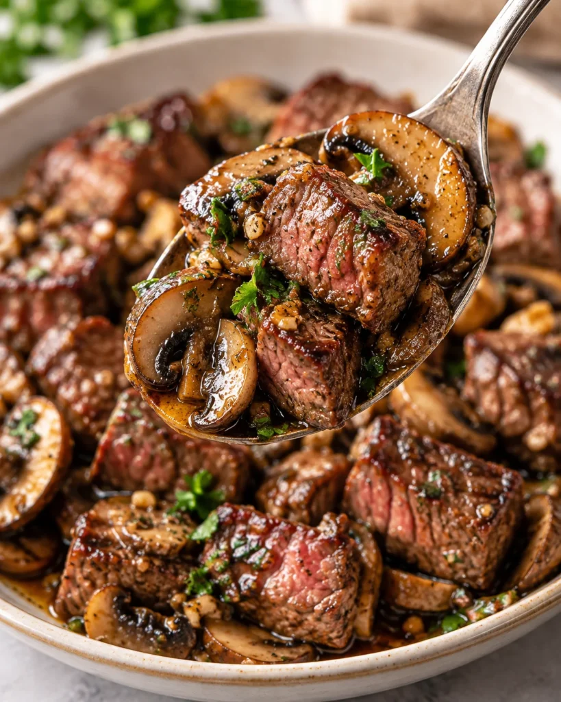 Close-up of a spoon lifting juicy seared steak bites and sautéed mushrooms in garlic-herb sauce, with the remaining dish softly blurred behind.