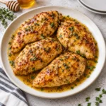 Honey mustard chicken breasts coated in a glossy golden sauce with mustard and herbs, served on a complete cream ceramic plate on a bright white marble surface.