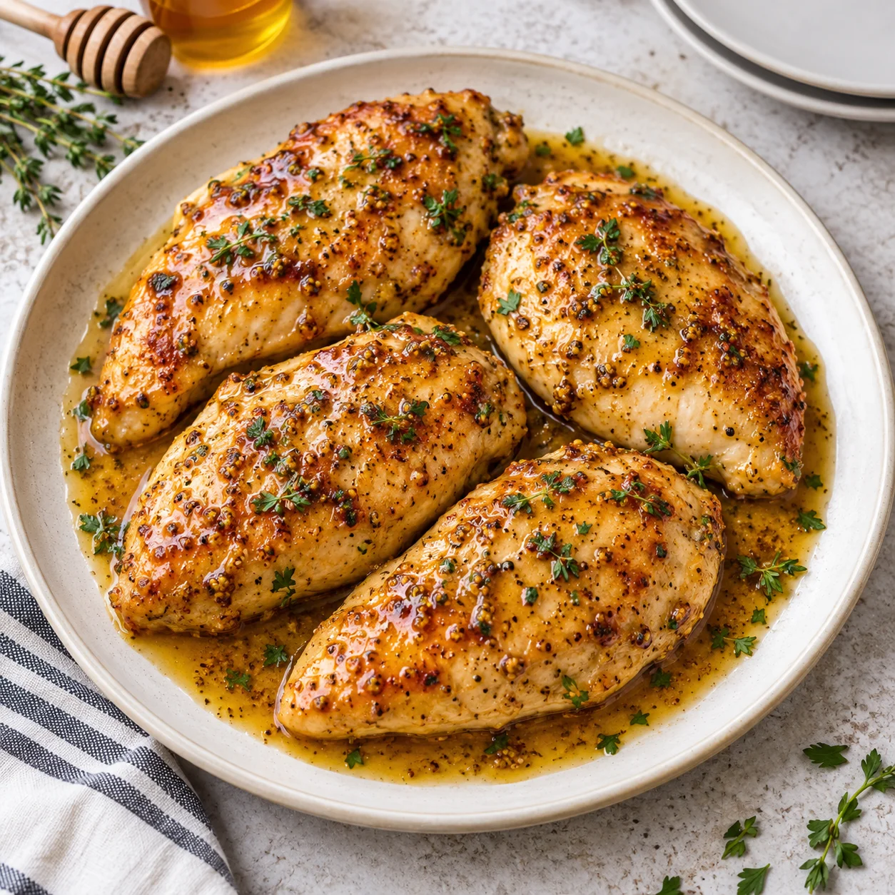 Honey mustard chicken breasts coated in a glossy golden sauce with mustard and herbs, served on a complete cream ceramic plate on a bright white marble surface.