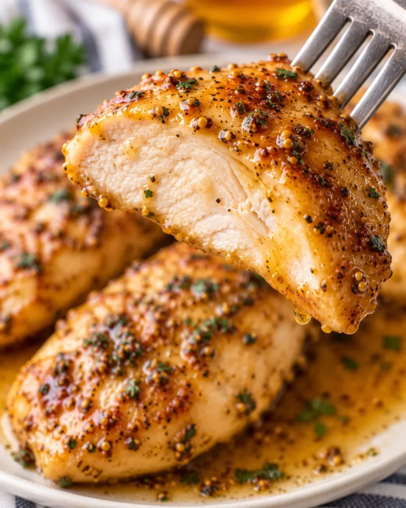 Close-up of juicy honey mustard chicken lifted on a stainless-steel fork, revealing the tender white interior and caramelized glazed exterior, with the plated chicken softly blurred on white marble behind.