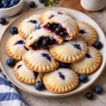 Golden blueberry pie cookies dusted with powdered sugar on a complete ceramic plate, with one cookie broken open to reveal glossy blueberry filling.