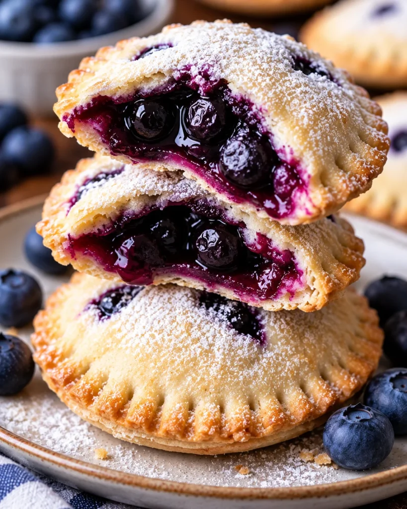 Close-up of blueberry pie cookies split open, revealing juicy purple blueberry filling inside flaky golden pastry dusted with powdered sugar.