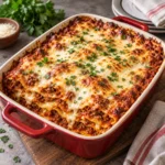 Homemade lasagna with browned melted cheese and rich meat sauce in a complete rectangular baking dish, photographed on a bright surface with visible layered pasta texture. recipe-image-instructions