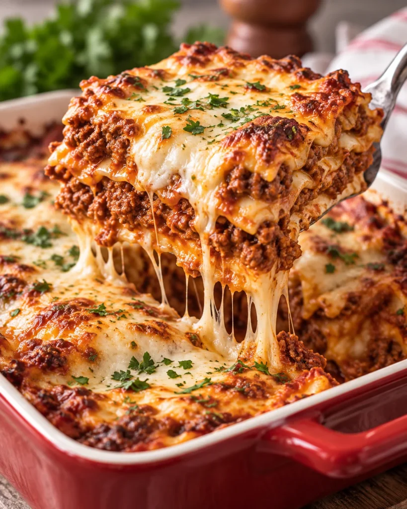 Close-up of a lifted lasagna portion revealing layered pasta, rich meat sauce, browned melted cheese, and stretchy cheese strands above the baking dish.