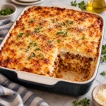 Pastitsio baked in a modern rectangular ceramic casserole dish, fully visible on a bright white marble surface, with a deeply golden béchamel topping and a served-out section revealing layers of tubular pasta, rich beef sauce, and creamy filling.