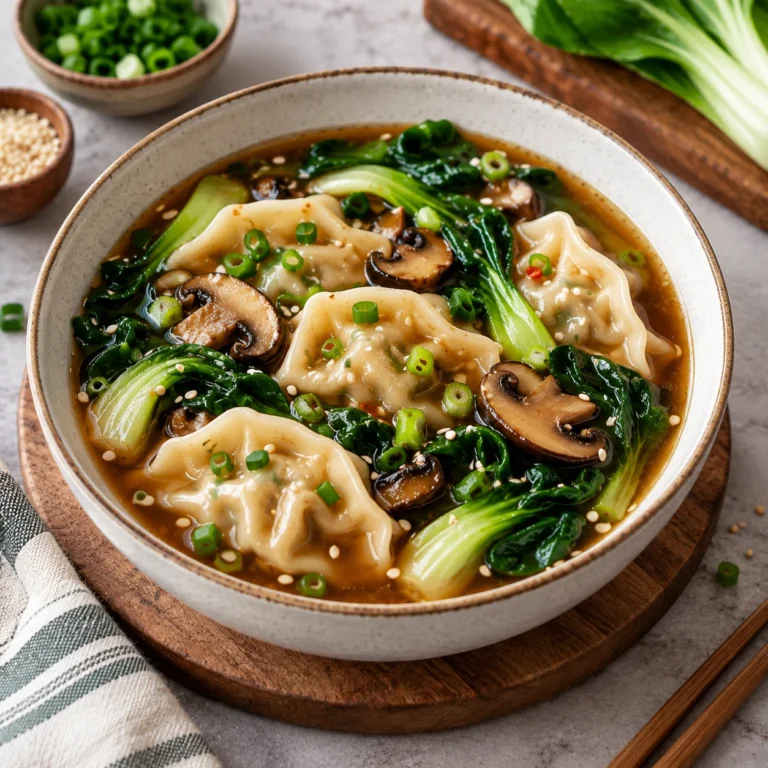 Potsticker soup with tender dumplings, sliced mushrooms, bok choy, scallions, and sesame seeds in a savory brown broth, served in a complete ceramic bowl on a bright marble surface.