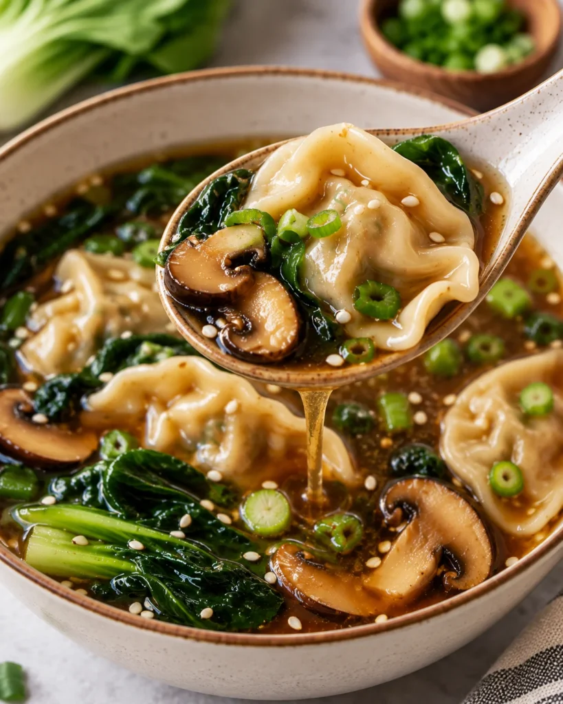Close-up of potsticker soup with a spoon lifting a tender dumpling, mushrooms, bok choy, scallions, and sesame seeds from savory broth in a ceramic bowl on a bright marble surface.