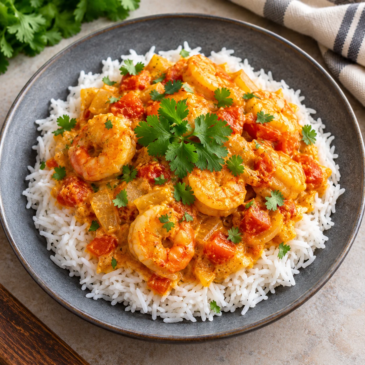 Creamy golden-orange shrimp curry with tender tomatoes and onions served over fluffy white rice in a dark ceramic bowl, garnished with fresh cilantro.