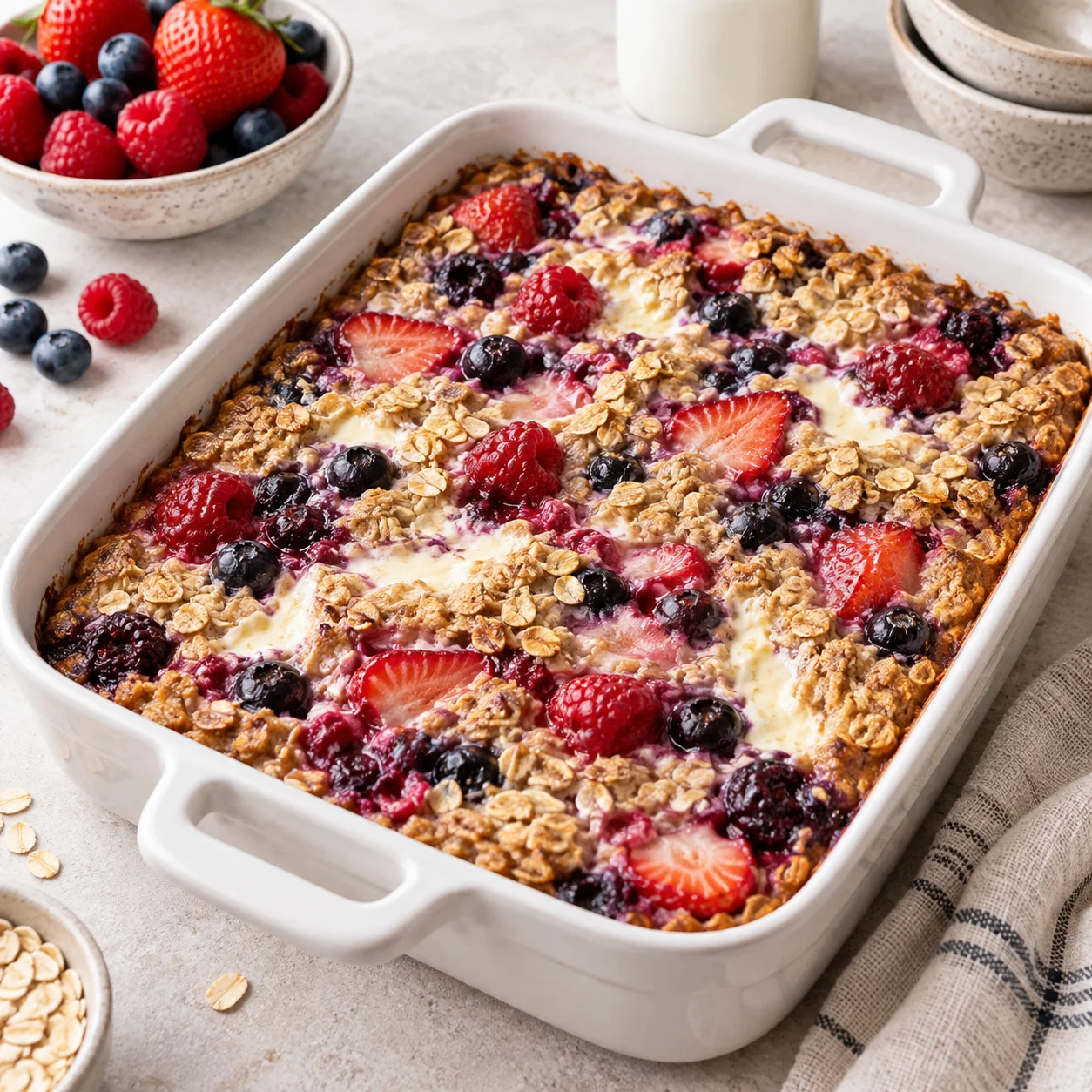 Creamy Triple Berry Baked Oatmeal (Gluten Free)