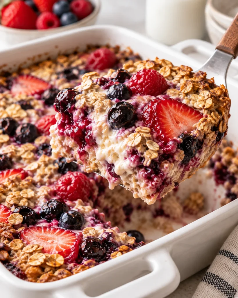 Creamy Triple Berry Baked Oatmeal (Gluten Free)